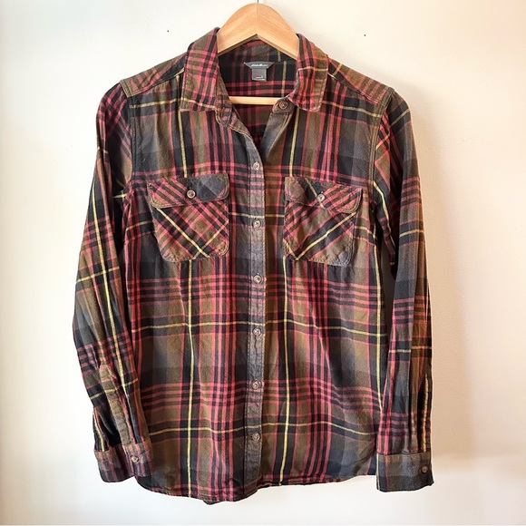 Eddie Bauer Flannel Button Down Olive Green Gold Red Long Sleeve Top - Picture 1 of 5